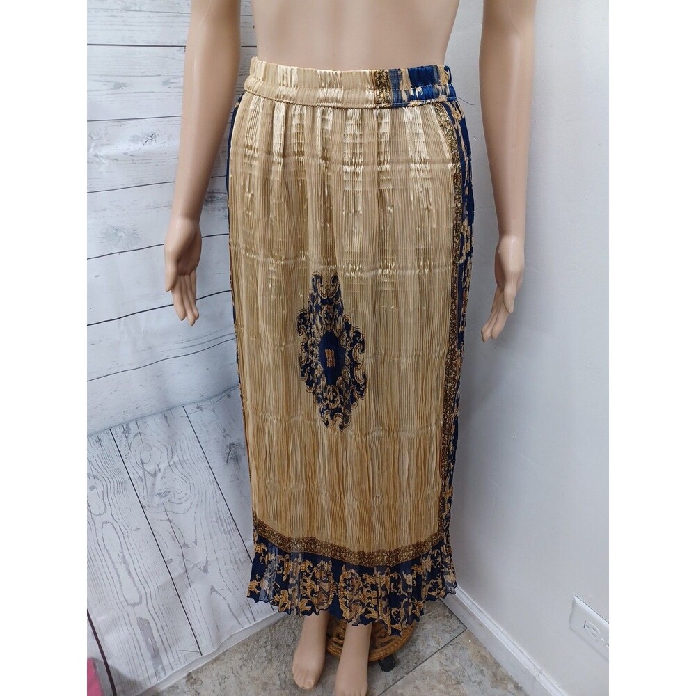 Crinkle Pleated Skirt Pull on lined Blue Gold Tone Paisley Size S
